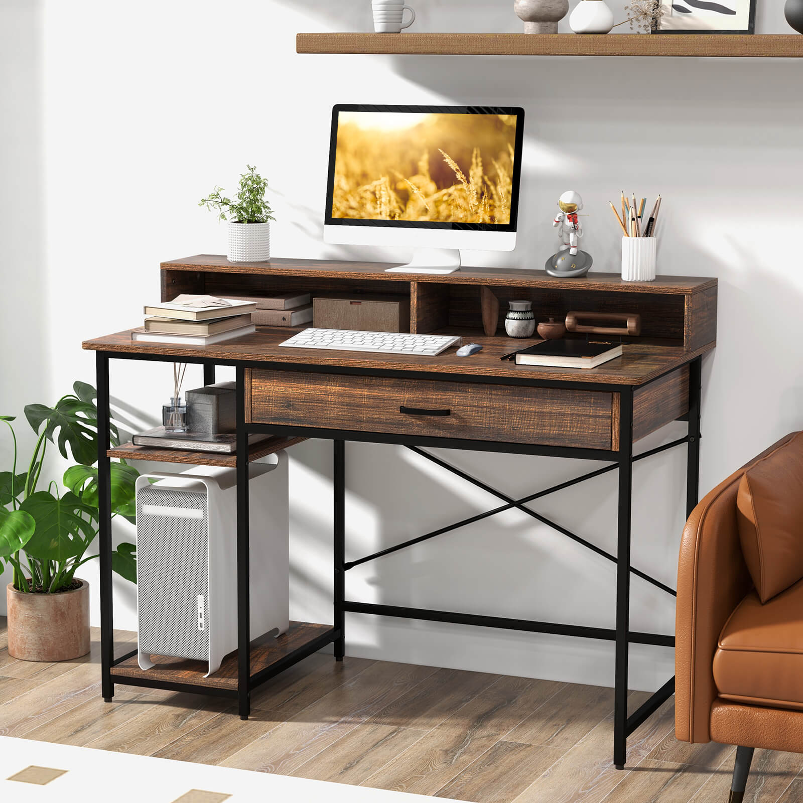 Computer Desk Workstation with Monitor Stand and Drawer-Rustic Brown