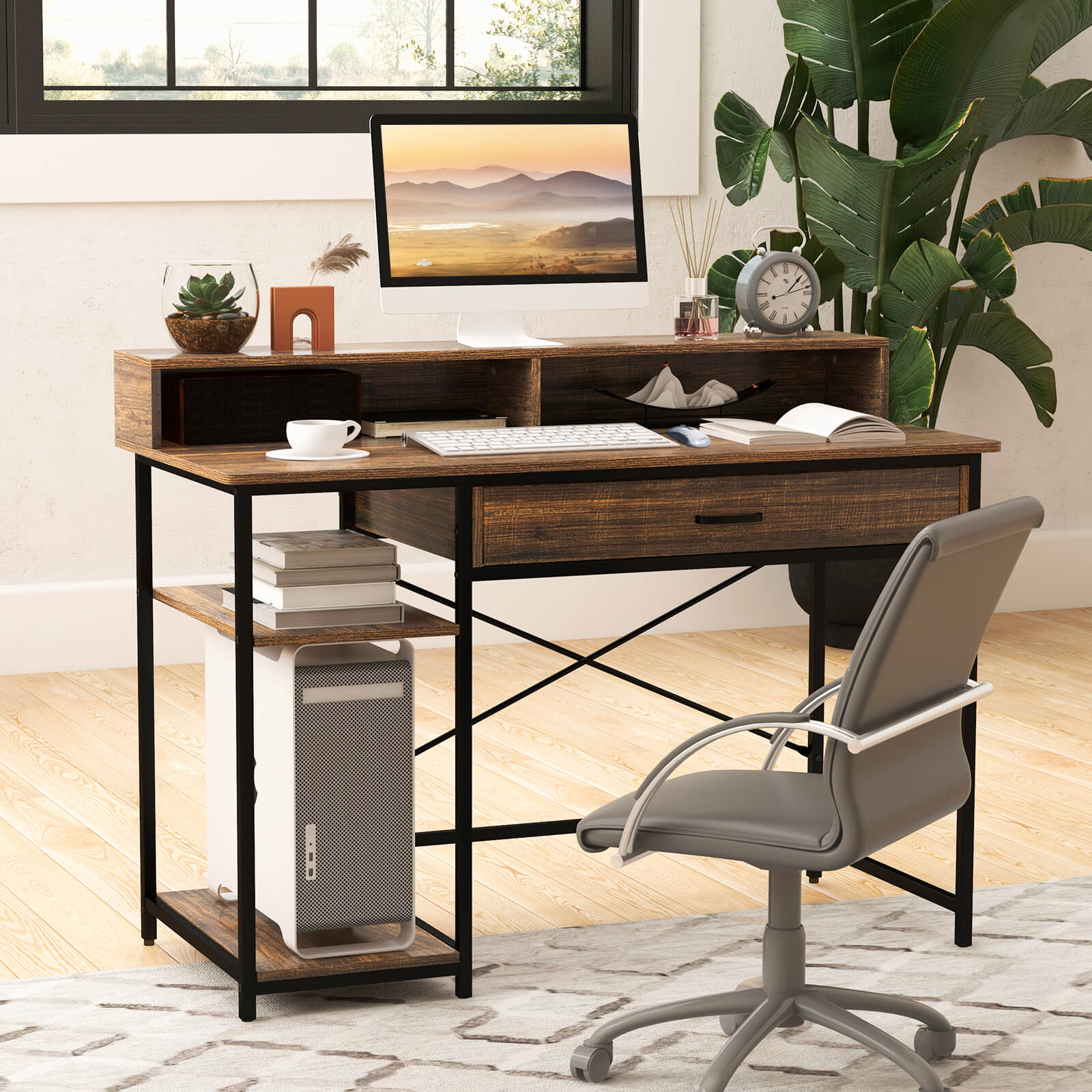 Computer Desk Workstation with Monitor Stand and Drawer-Rustic Brown