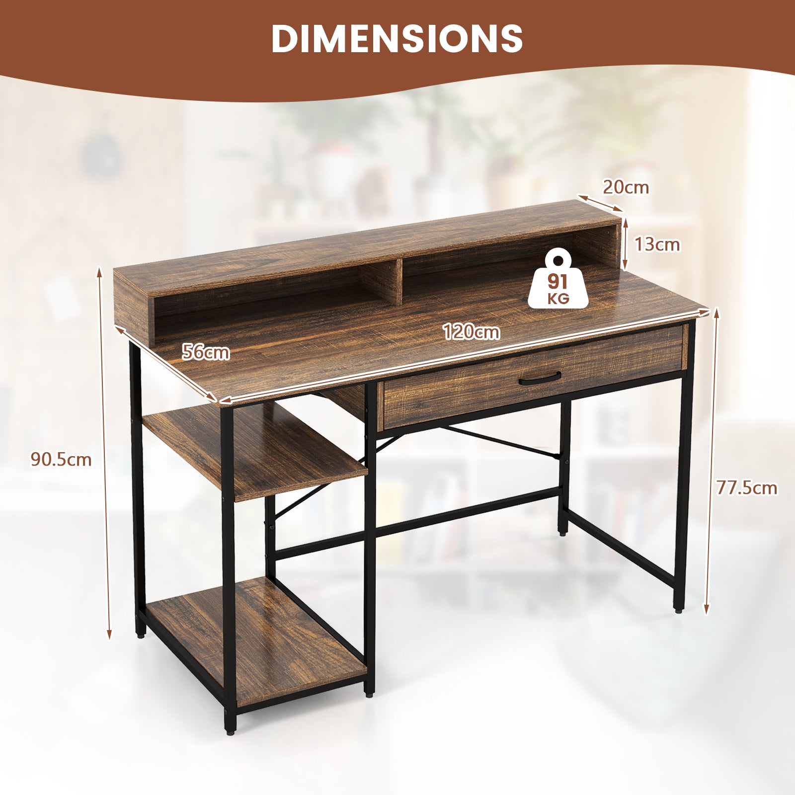 Computer Desk Workstation with Monitor Stand and Drawer-Rustic Brown