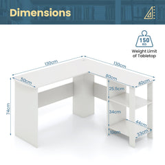 L-shaped Computer Desk with 2 Storage Shelves-White