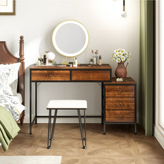 Rustic brown wood effect computer desk with drawers and side cabinet in a bedroom setting