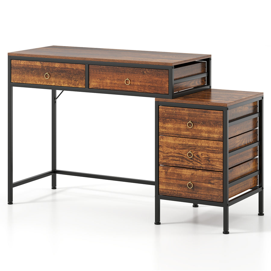 Computer Desk with 5 Drawers and Side File Cabinet-Rustic Brown