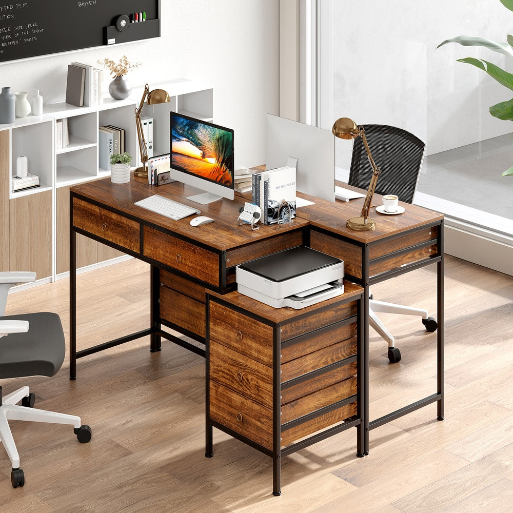 Rustic brown wood effect computer desk with drawers and side cabinet in a modern office