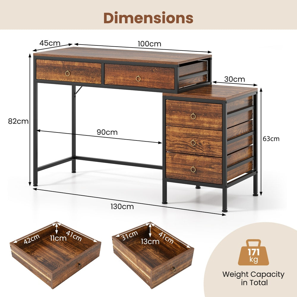 Dimensions diagram for the rustic brown wood effect computer desk with drawers and side cabinet