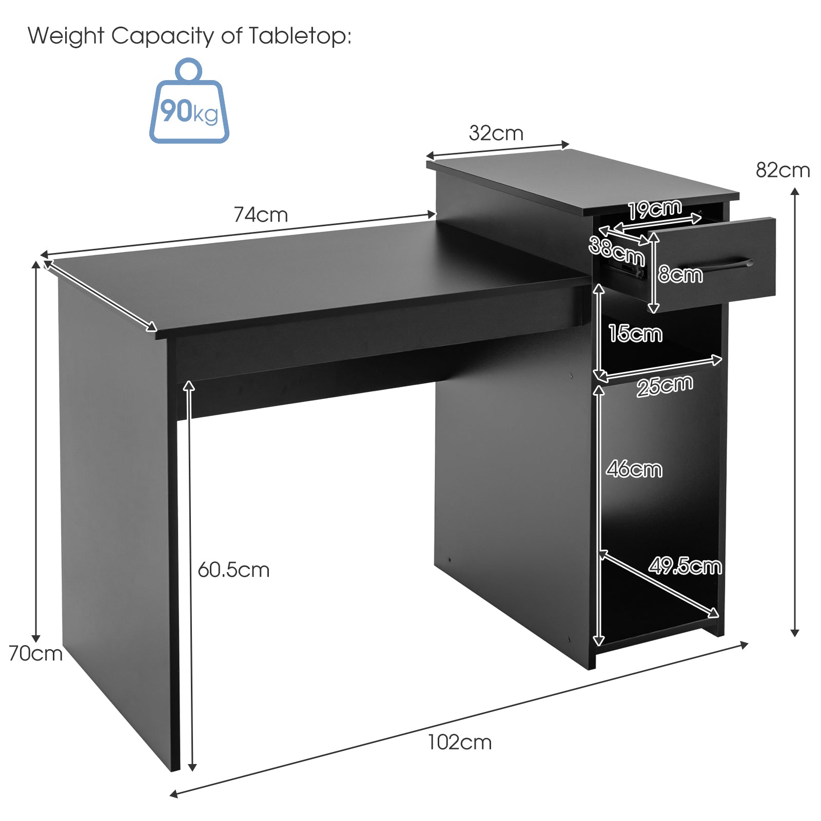 Laptop PC Computer Desk with Drawer and CPU Stand-Black