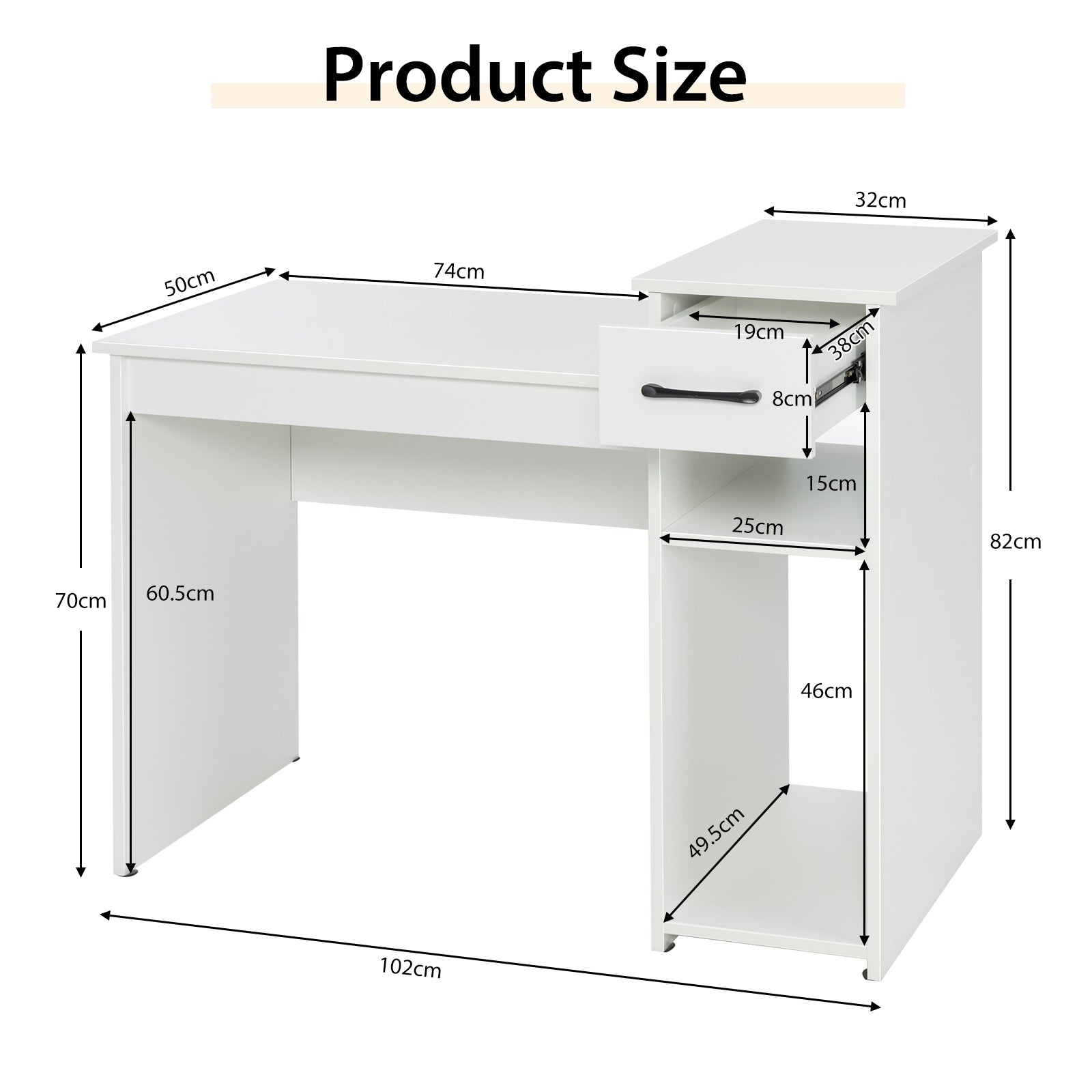 Laptop PC Computer Desk with Drawer and CPU Stand-White