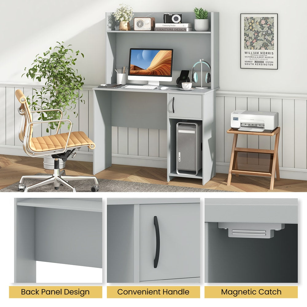 The office desk featuring close-up panels of the back design, handle and magnetic catch