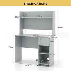 The office desk shown with technical lines and measurements indicating the dimensions