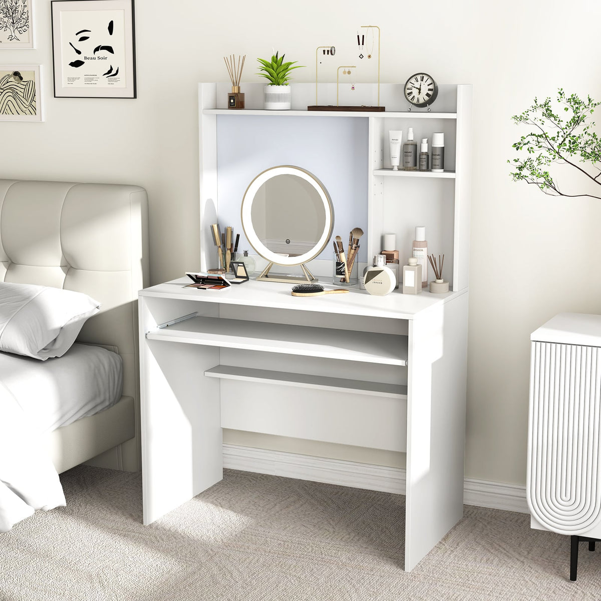Computer Desk with Magnetic Bulletin Board and Keyboard Tray-White