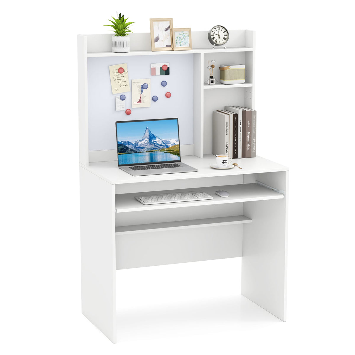 Computer Desk with Magnetic Bulletin Board and Keyboard Tray-White