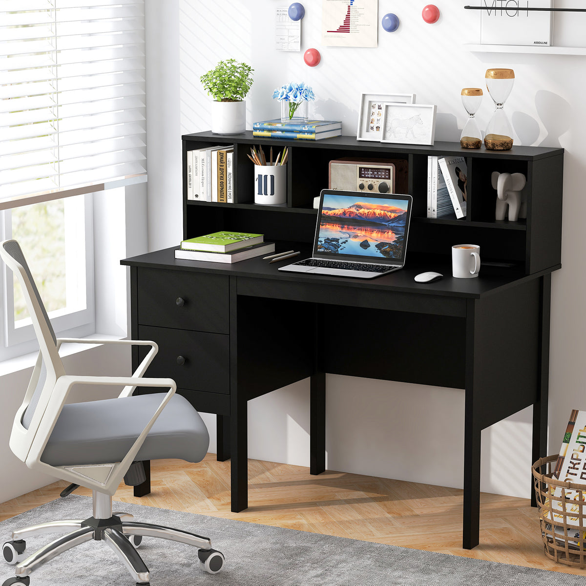 Computer Desk with Power Outlets and Hutch-Black