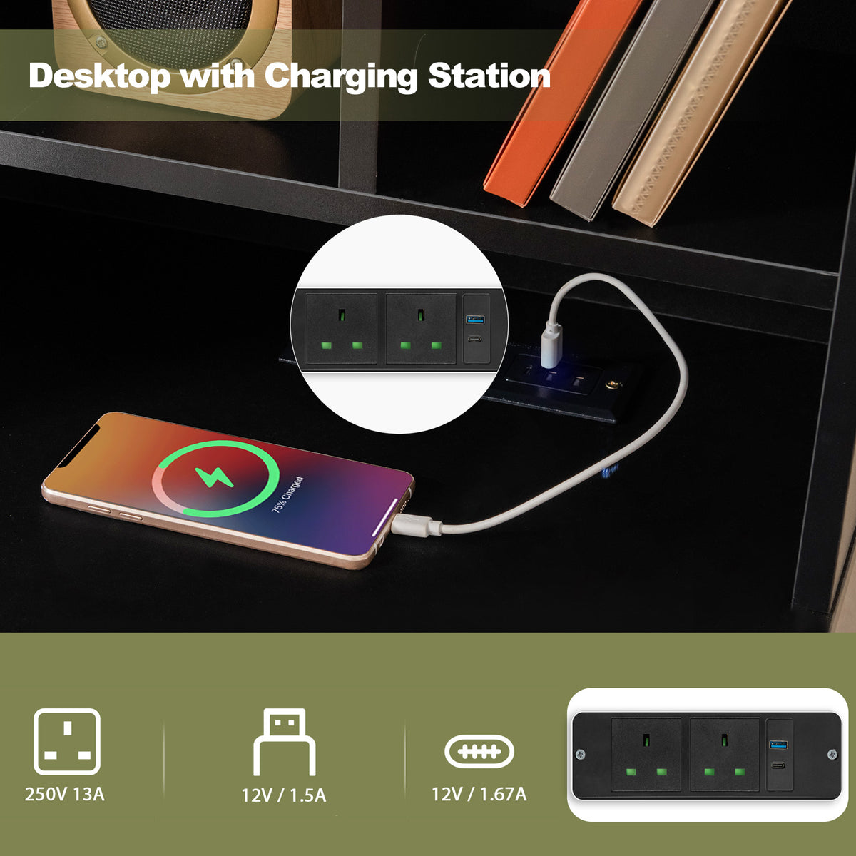 Computer Desk with Power Outlets and Hutch-Black
