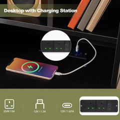 Computer Desk with Power Outlets and Hutch-Black