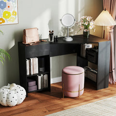 The corner computer desk with storage, styled as a dressing table with a mirror and stool