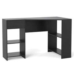 Black L-shaped desk with open shelving on both sides, viewed from a high angle
