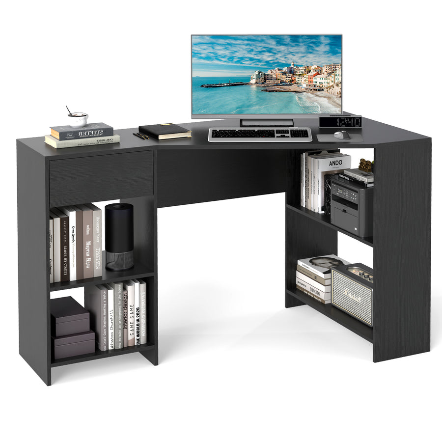 L-Shaped Computer Desk with Storage and Open Shelves for Living Room Bedroom-Black