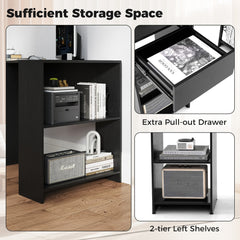 Close up of the storage shelves and pull-out drawer on the L-shaped office desk