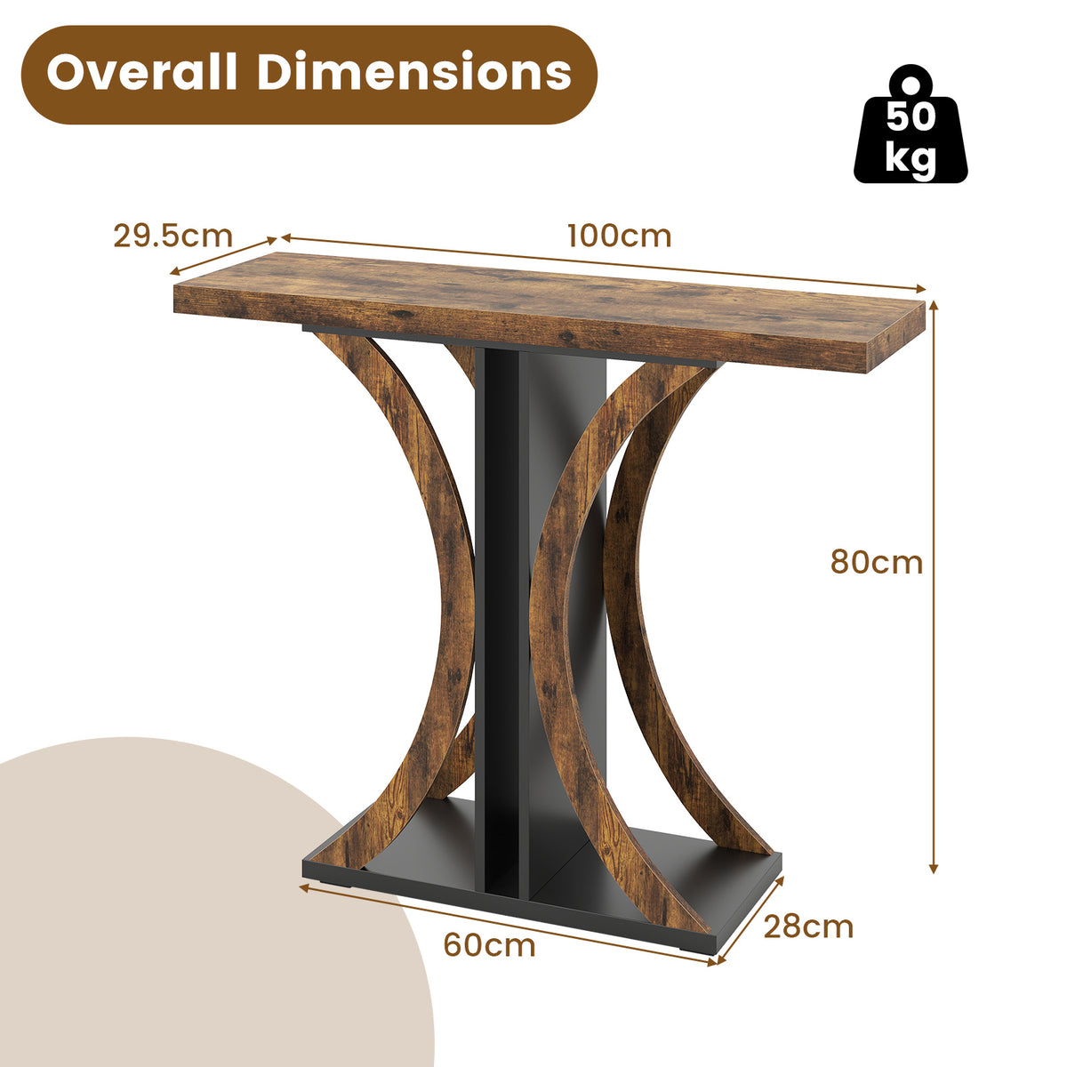 Console Table 100 cm Rectangular Entryway Table with Geometric Frame-Rustic Brown