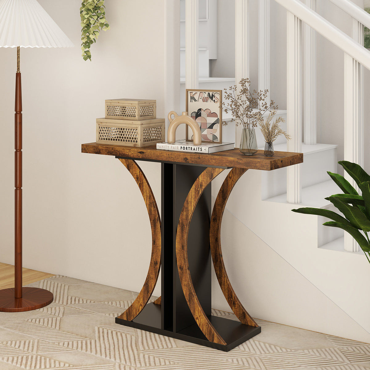Console Table 100 cm Rectangular Entryway Table with Geometric Frame-Rustic Brown