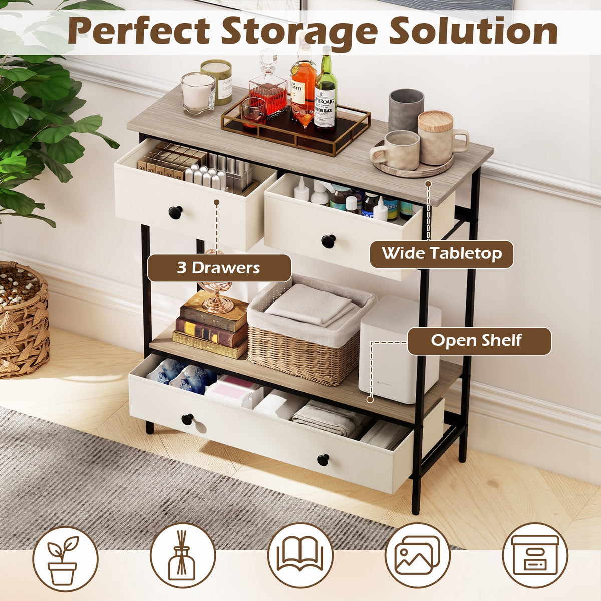 Console Table Industrial Entryway Table with 3 Fabric Drawers-Grey