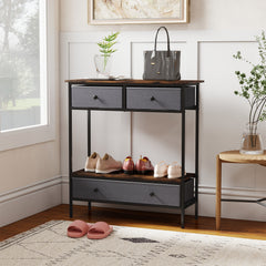 Console Table Industrial Entryway Table with 3 Fabric Drawers-Rustic Brown
