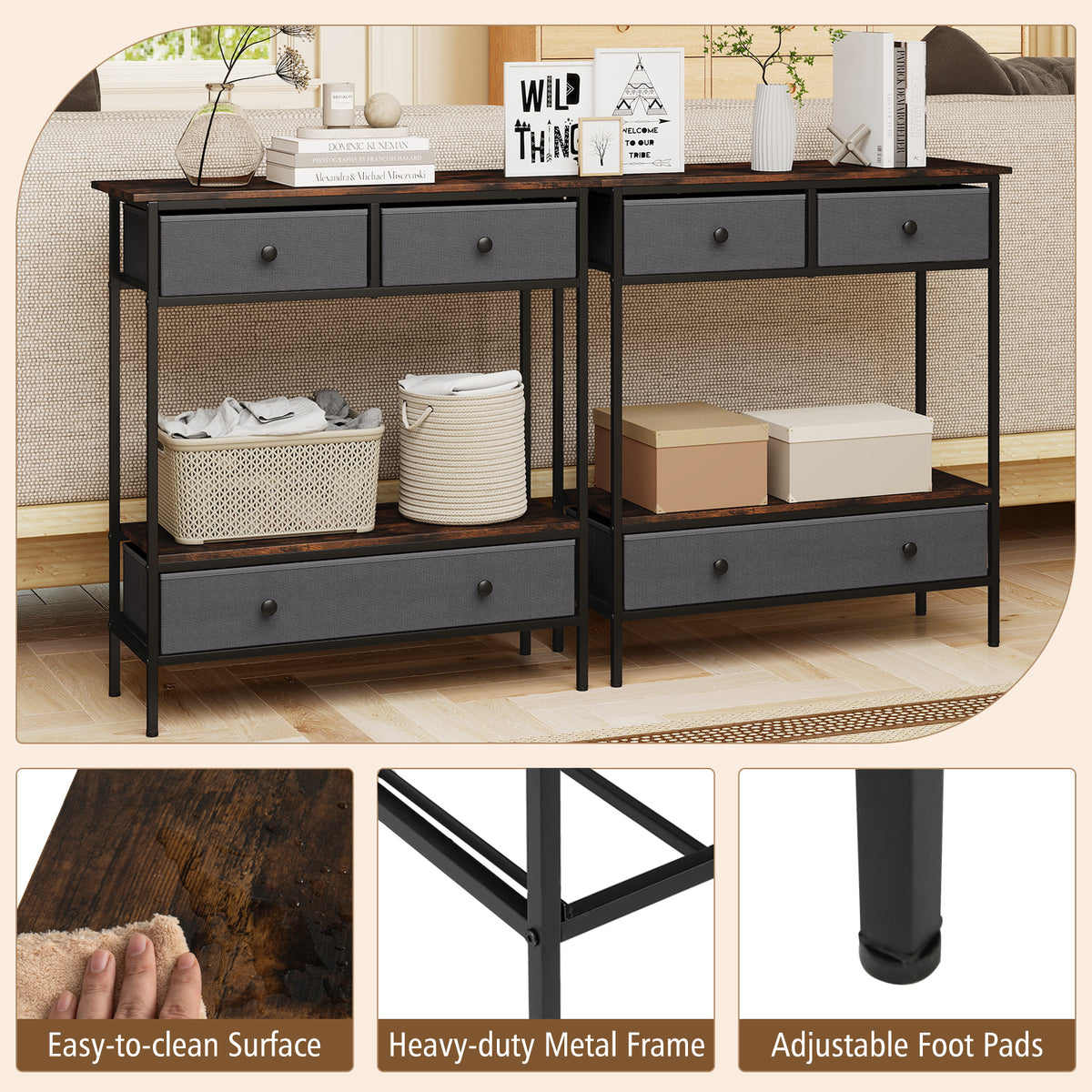 Console Table Industrial Entryway Table with 3 Fabric Drawers-Rustic Brown