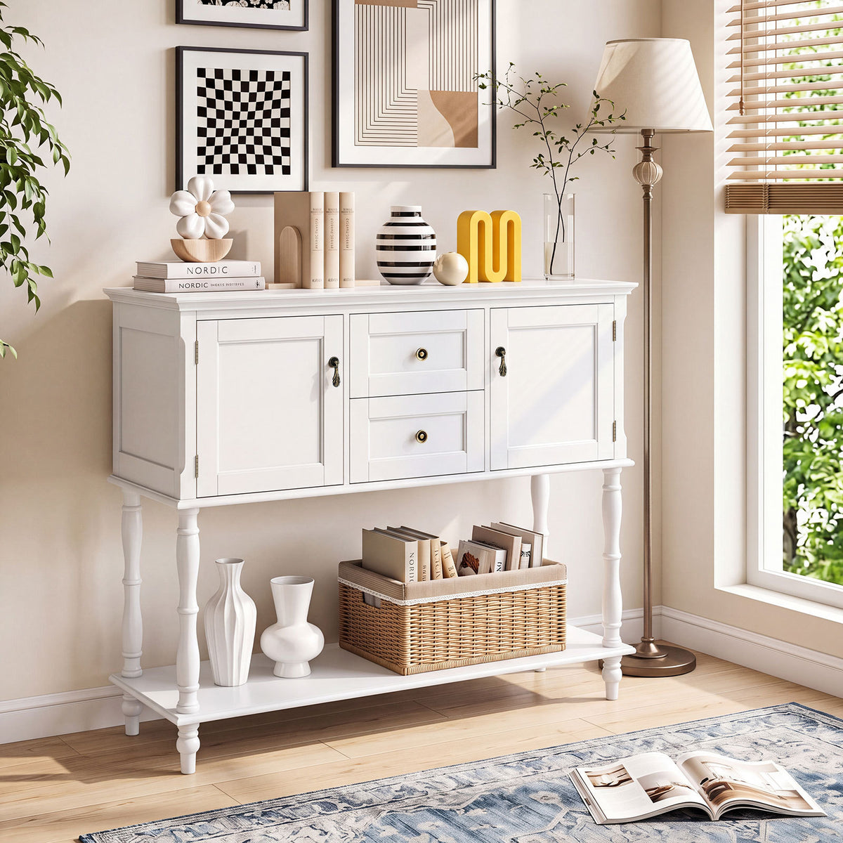Console Table with 2 Drawers and 2 Door Cabinets for Entryway-White