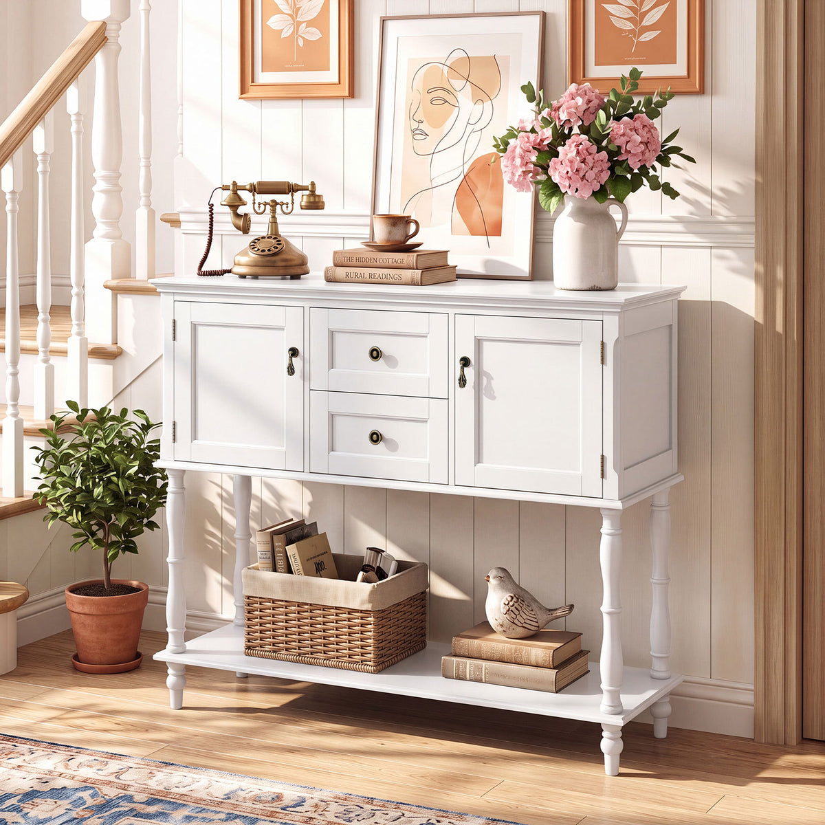 Console Table with 2 Drawers and 2 Door Cabinets for Entryway-White