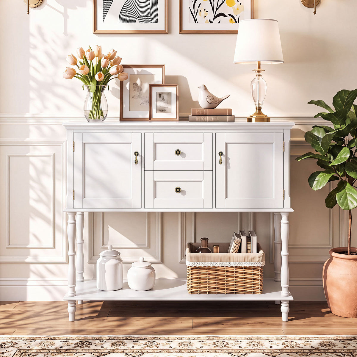 Console Table with 2 Drawers and 2 Door Cabinets for Entryway-White