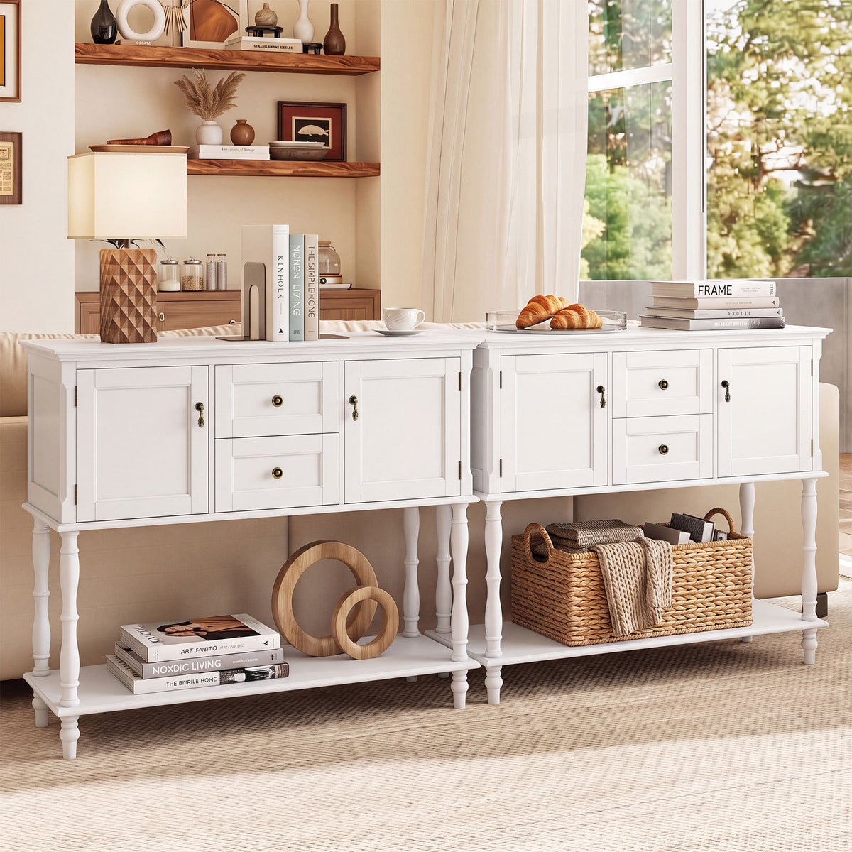 Console Table with 2 Drawers and 2 Door Cabinets for Entryway-White