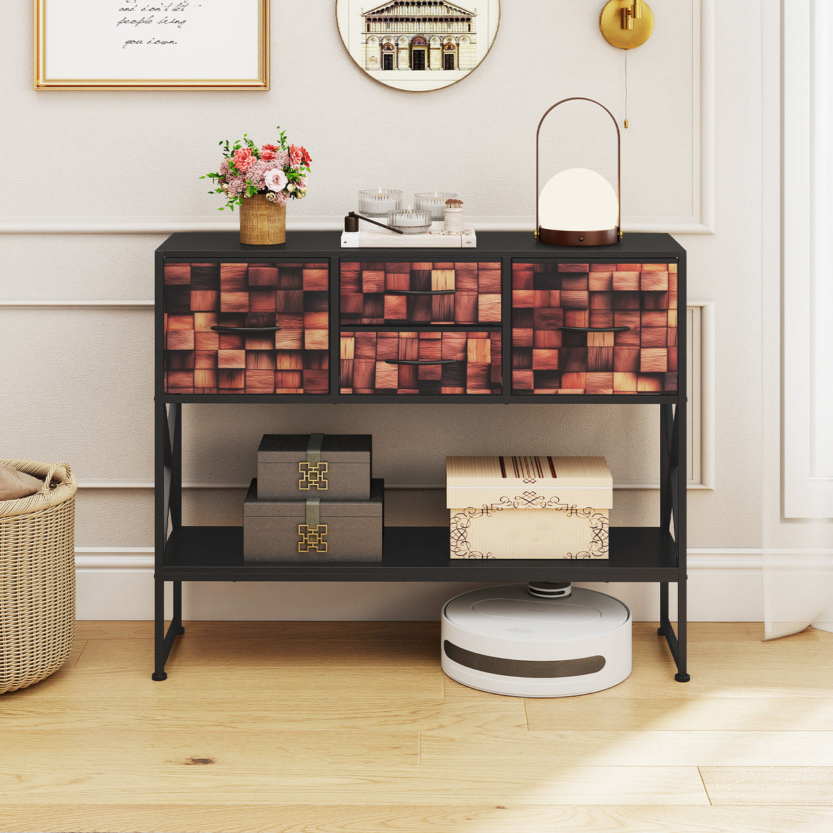 Console Table with 4 Fabric Drawers Shelf and Metal Frame-Coffee