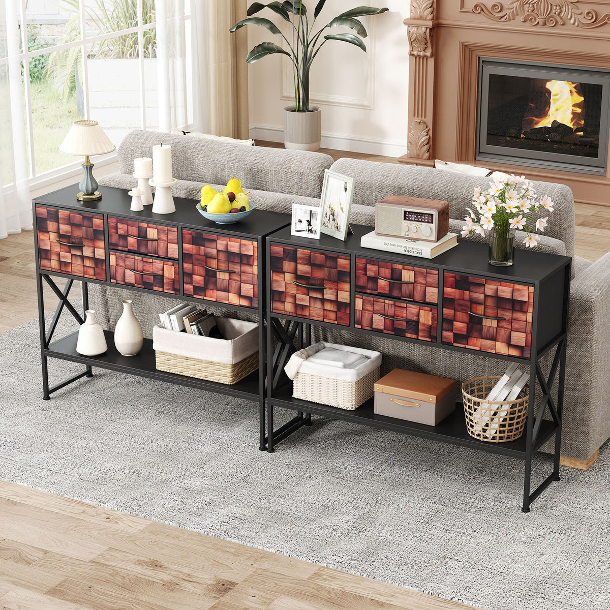 Console Table with 4 Fabric Drawers Shelf and Metal Frame-Coffee