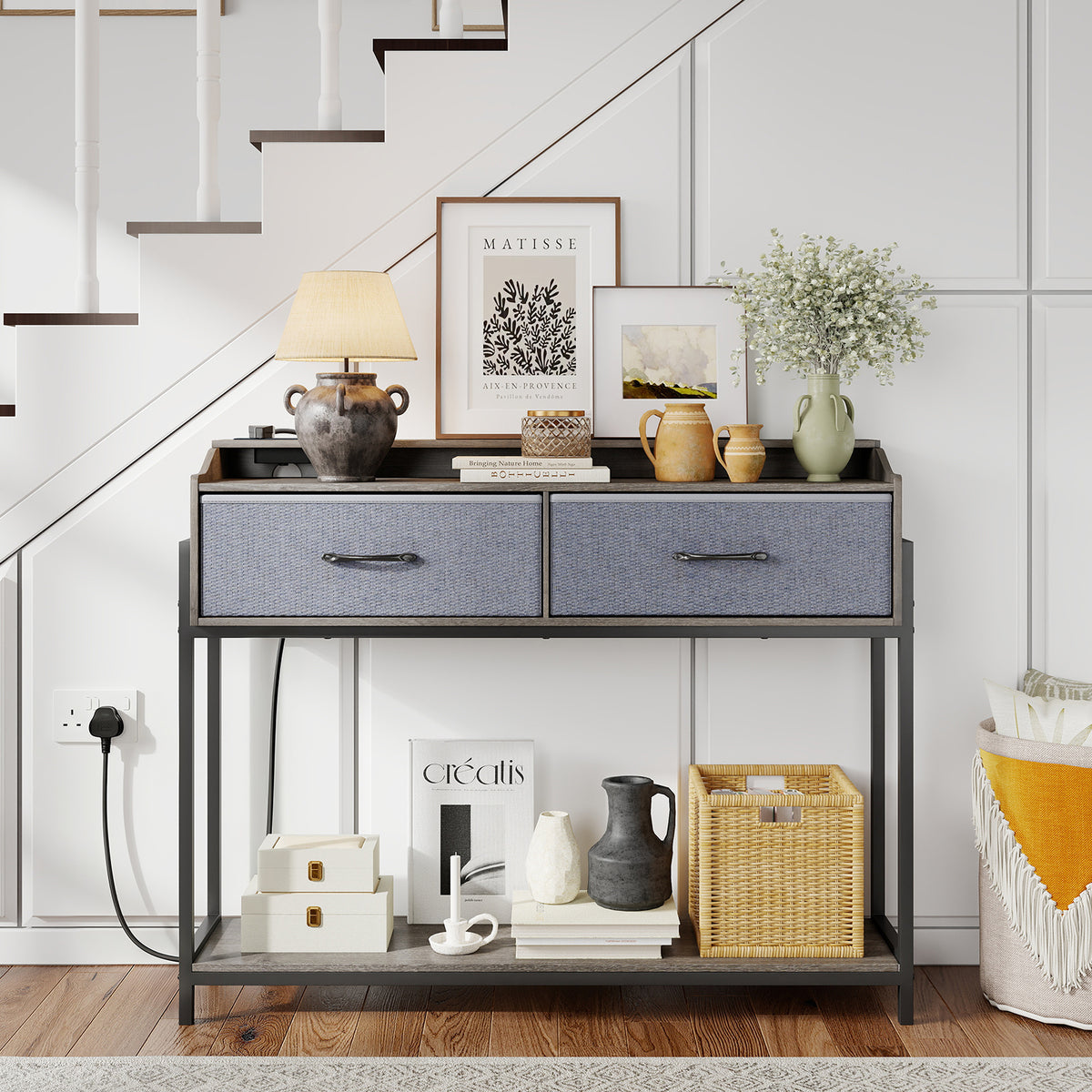 Console Table with Charging Station 110cm Entryway Table with 2 Drawers-Grey