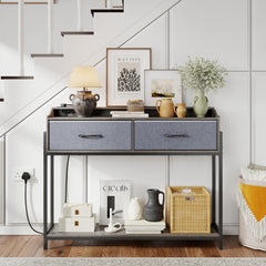 Console Table with Charging Station 110cm Entryway Table with 2 Drawers-Grey
