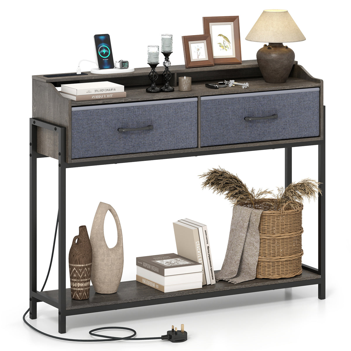 Console Table with Charging Station 110cm Entryway Table with 2 Drawers-Grey