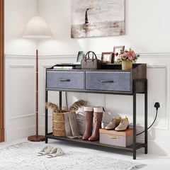 Console Table with Charging Station 110cm Entryway Table with 2 Drawers-Grey