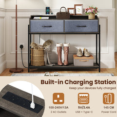 Console Table with Charging Station 110cm Entryway Table with 2 Drawers-Grey