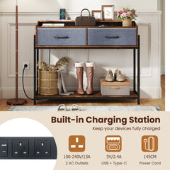 Console Table with Charging Station 110cm Entryway Table with 2 Drawers-Rusticbrown