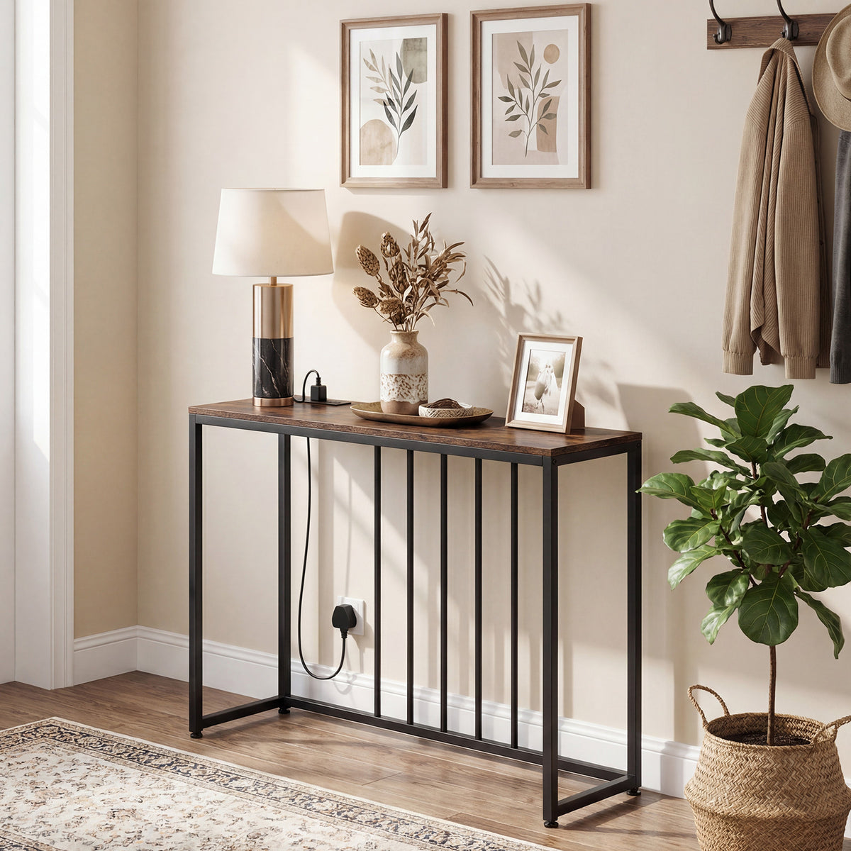 Console Table with Charging Station and Power Outlets for Hallway-Rustic Brown