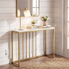 Console Table with Charging Station and Power Outlets for Hallway-White