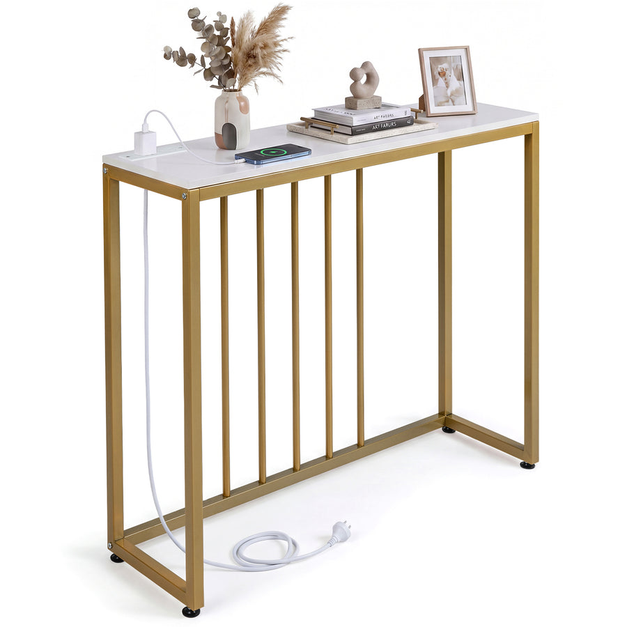 Console Table with Charging Station and Power Outlets for Hallway-White