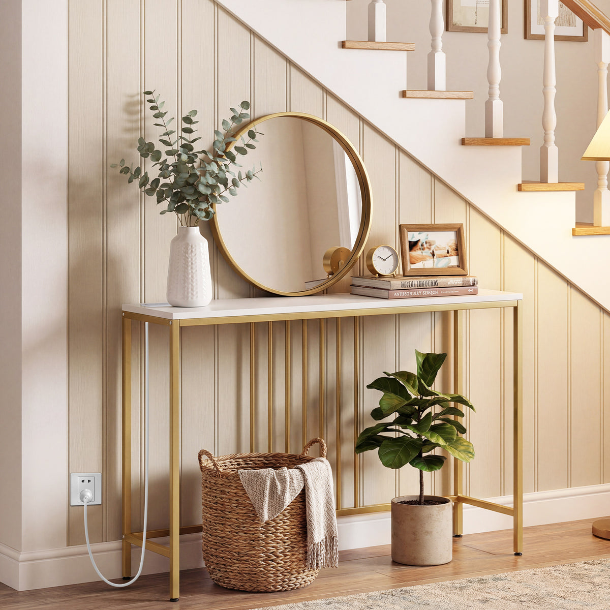 Console Table with Charging Station and Power Outlets for Hallway-White