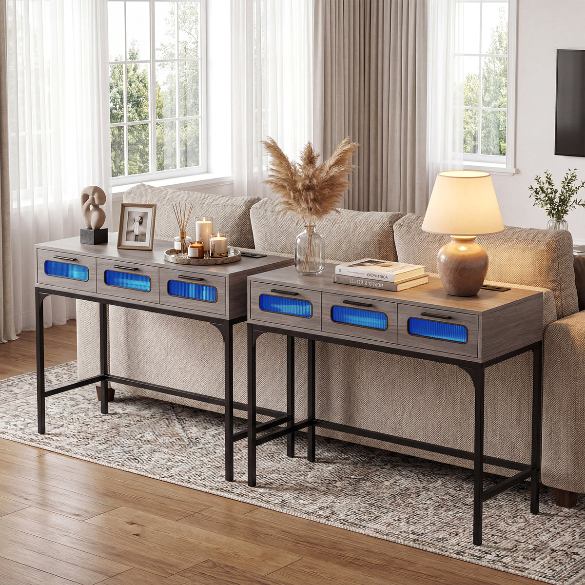 Console Table with Charging Station with Drawers and LED Lights-Grey