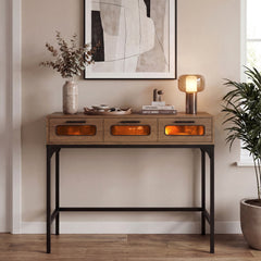 Console Table with Charging Station with Drawers and LED Lights-Natural