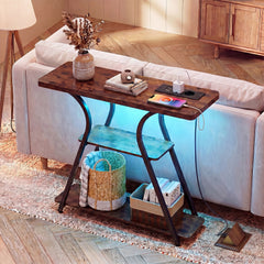 Console Table with LED Lights Power Outlets and Storage Shelves for Entryway-Rustic Brown