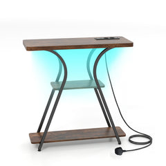 Console Table with LED Lights Power Outlets and Storage Shelves for Entryway-Rustic Brown