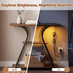 Console Table with LED Lights Power Outlets and Storage Shelves for Entryway-Rustic Brown