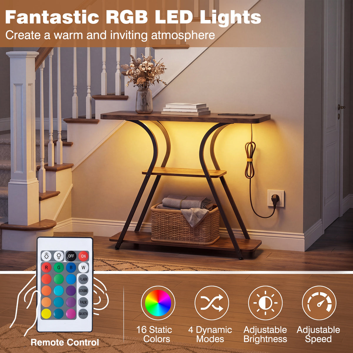 Console Table with LED Lights Power Outlets and Storage Shelves for Entryway-Rustic Brown