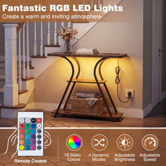 Console Table with LED Lights Power Outlets and Storage Shelves for Entryway-Rustic Brown