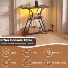 Console Table with LED Lights Power Outlets and Storage Shelves for Entryway-Rustic Brown
